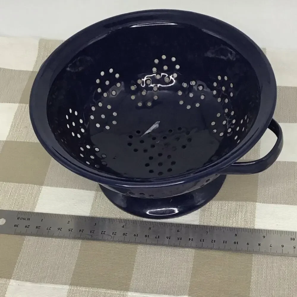 Navy enamel metal strainer